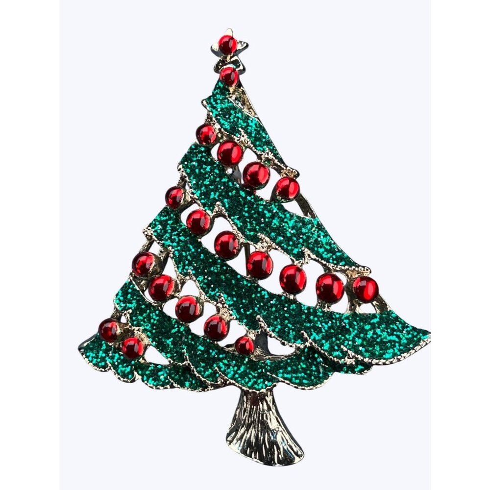 Christmas Tree Brooch Pin Green Red Holiday Jewelry Accessory